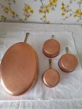 Vintage französische 3x kleine Kupfertöpfe & ovale Bratpfanne