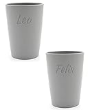 Magu 2 Personalisierte Becher aus Biopolymer (100% Erdölfrei) mit Namen | 2er Set Trinkbecher + Individuelle Namensgravur Zahnputzbecher Natur Design 2 Stück silber