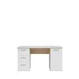 FORTE NET307 Schreibtisch 140, Schreibtisch mit 1 Tür und 3 Schubladen, Computertisch, Büromöbel, Home Office Möbel, Holzwerkstoff, Sonoma Eiche Holzdekor/Weiß, 138 cm breit x 75 cm hoch x 60 cm tief