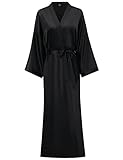Damen-Bademantel, weich, lang, aus Seide, volle Länge, Kimonos, seidiger Bademantel, Morgenmäntel, Einfarbig Schwarz, XXL/3XL