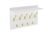 HWS FURNITURE Wandgarderobe Weiß mit 9 Golden Haken, Wandregal, Wandmontierte Garderobe für Flur, Schlafzimmer, Büro, Loft-Stil