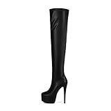 Feinlina Mode Frauen über Knie hoch Stiletto Plattform Heel Stiefel Nacht Sexy Schwarz Leder Oberschenkel hohe Stiefel (Schwarz,43)