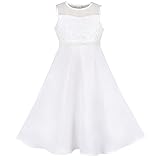 Sunny Fashion Mädchen Kleid Formal Weiß Chiffon Spitze Pailletten Taufe Hochzeit Brautjungfer Kommunionkleid Gr. 122