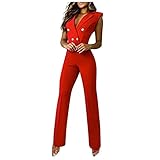 KONG JIMFAN Damen Jumpsuit Gamaschen V-Ausschnitt Playsuit Lang Ärmellos Overall Formell Elegant Einfarbig Hosenanzug Sexy Sommer Romper mit Gürtel mit Taschen