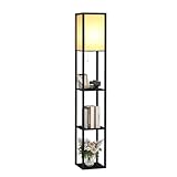 Fullwatt Stehlampe mit Holzregal Innenbeleuchtung Holz Stehleuchte mit Regalen für Schlafzimmer und Wohnzimmer (schwarz)