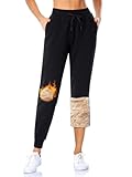 MOVE BEYOND Gefütterte Jogginghose Damen Warm Thermo Fleecehose Winter Verdickte Kuschelhose mit 2 Taschen Sherpa-Innenfutter Kordelzug Sweathose, Schwarz, M