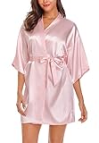 Wikoan Bademantel Damen Kimono Robe Kurzer Satin Bademäntel Morgenmantel Mit Gürtel V-Ausschnitt Kimono Bathrobe A-Rosa XXL