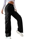 SheIn Damen Cargo Hose Straight Sweathose Elastische Bund Capri Hosen Schlaghose Sport Jogginghose Streatwear mit Taschen Schwarz M