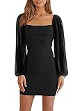 Wenrine Damen Kleider Party Cocktail Club Bodycon Kleid Hochzeitsgast Mesh Langarm Square Neck Minikleid Slim Fit(Schwarz,S)