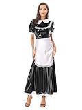 Yiesvsov Damen PVC Langes Französisches Dienstmädchenkostüm Kurze Puffärmel Spitze Rüschen Maxikleid Mit Schürze Schwarz S