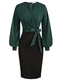 GRACE KARIN Damen Abendkleid Arbeit Bodycon Hochzeit Gast Büro Kleider V-Ausschnitt Langarm Bleistiftkleid mit Gürtel XL Dunkelgrün-schwarz CL0761S21-01