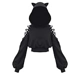 Damen-Sweatshirt mit Katzenohren und langen Ärmeln, lässig, mit Aussparungen an den Seiten, kurzes Oberteil, Schwarz , 42