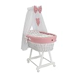 Wiklinopol Moseskorb mit Baldachin Lena – Baby-Stubenwagen aus Weide mit Gestell – Babykorb in Weiß, Komplettset mit 5-TLG. Waffel-Bettwäsche Häschen Rosa – Mit Rollen, Tragbar, Sicher