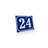 Betriebsausstattung24 Hausnummernschild - Nostalgische Hausnummer - Mit Wunschtext Prägung - Aluminiumschild mit Antiqua-Rand - Größe: 15,0 x 12,0 cm, Blau mit weißer Schrift