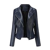 YYNUDA Damen Lederjacke Kurz Bikerjacke Reverskragen Reißverschluss Leder Jacke Übergangsjacke Kurze Jacke Blau L
