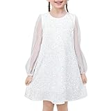 Sunny Fashion Mädchen Kleid Weiß Pailletten Schier Masche Langarm Party Festzug Hochzeit Gr. 116,Weiß,116