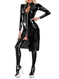 TTAO Damen PVC Leder Trenchcoat Jacke mit Reißverschluss Schwarz Lange Ledermantel Mantel Lack-Mantel Outwear Sexy Kleid Body Clubwear Schwarz XL
