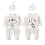 culbutomind Baby-Zwillings-Bodys für Zwillinge, lustiges Baby-Outfit, niedlicher Strampler mit Mütze, Weiß DB, 3-6 Months