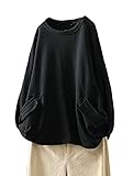 FTCayanz Damen Sweatshirt Pullover Langarm Oberteile Oversize Langarmshirt Tunika Tops mit Taschen Schwarz XXL