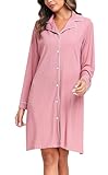 Vlazom Damen Nachthemd Langearm V-Ausschnitt mit Knöpfe Weich Umstandskleid Stillnachthemd Sleepshirt Nachthemd Freizeitkleid（M，Stil A-Rosa）
