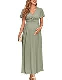 AISWI 2025 Damen Umstandskleid, Maxikleid, langärmelig, Wickelkleid, V-Ausschnitt, Schwangerschaftskleider mit Taschen, Babyparty, Fotoshooting, formell, 1. Rüschenärmel, Salbeigrün, Groß