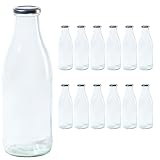 Vitrea 12 leere Glasflaschen 1 Liter Schraubverschluss Silber - Milchflaschen, Saftflaschen, große Flaschen zum Befüllen mit Deckel - für Milch, Saft, Smoothies, Öl - 12 Stück, TO48, Milch
