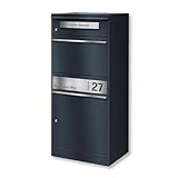 Metzler Briefkasten und Paketbox rostfrei und massiv, paketbox draussen groß XXL, Standbriefkasten modern, Paketkasten, Postbox in RAL7016 Anthrazitgrau mit Namensgravur, Modell Bispo 2