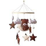 TROYSINC Tiere Mobile Baby Windspiele - Miniatur-Bär Elefant Mit Filzbällen, Holz-Bettglocke Anhänger für Babybett Jungen und Mädchen (#A)
