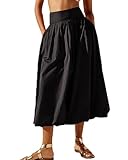 Acrawnni Damen-Maxirock, Y2K, niedrige elastische Taille, Rüschen, plissiert, A-Linie, lange Röcke, Sommer, Strand, lockere Passform, niedlicher Puffball-Ballonrock, A-schwarz, 48