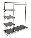 Aigentlich Mittelraumständer mit 3 Regalablagen schwarz, Kleiderständer Gestell chrom, Konfektionsständer H137 x B130 x T45 cm, stabiler Garderobenständer, Textilständer für schwere Kleidung