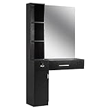 Barberpub Friseurplatz mit Schubladen, Schminktisch mit Spiegel Bedienungsplatz mit 3 Ablagen und Fönhalter, aus Holz, Spiegelschrank, Multifunktionsschrank, Modern, Friseureinrichtung, 3036 (Schwarz)