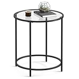 VASAGLE Beistelltisch, rund, Platte aus gehärtetem Glas, Metallrahmen, Sofa-Spitze, Konsolentisch, Nachttisch, für Wohnzimmer, Balkon, Schwarz und Transparent LGT020B01