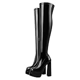 Only maker Damen Plateau Stiefel Overknee Stretch Boots mit Blockabsatz Seitlicher Reißverschluss Lack Schwarz 43 EU