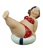 Generisch Deko Figur Mollige Badenixe Dicke Dame Frau im Badeanzug Urlauberin Badefrau Polyresin Schwimmring (3999ROT-B)