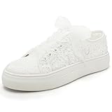 Elivandon 9996 Hochzeit Schuhe Spitze Braut Sneakers 3,7cm Plattform Braut Tennis Schuhe Sparkling Strass Hochzeit Sneakers Farbe Elfenbein,Größe 42 EU (8 UK)
