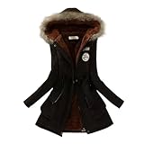 FUPODD Wintermantel Damen Mittellang Dicke Winterjacke Damen Warm Gefüttert Teddyfleece Winterparka Mit Fellkapuze Mantel Frauen Winter Parka Mit Knöpfen Zipper Kapuzenmantel Skijacke Mit Gürtel