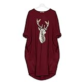 Christmas Longshirt Tunika Kleid Damen mit Hirsch-Muster Aufdruck Pulloverkleid Lässige A Line Kleid Langarm Abendkleid Kurz Sweatshirt Plus Size Rundhals Weihnachtsmann Samt Kleid