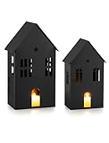 Romadedi Windlicht Haus Metall Schwarz: 2er Set 20/25cm Höhe Deko Häuser Weihnachten Groß - Kerzenhalter Laterne für Wohnzimmer Tischdeko Fensterbank Winter Weihnachtsdeko Innen Geschenk