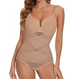 Joyshaper Shapewear Damen Body Shaper Bauchweg Formende Bodys Shape V-Ausschnitt Miederbody Figurformende Tops mit BH Beige,L