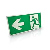 Notausgangsschild „links“ - Hart-PVC, langnachleuchtend & selbstklebend - 30,0 x 15,0 cm - Gemäß ASR A1.3 DIN 7010 DIN 67510 - Rettungsweg, Fluchtweg - Betriebsausstattung24