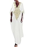 Bsubseach Gold Stickerei Lange Kaftan Kleider V-Ausschnitt Kaftan Kleid Strand Cover Ups für Frauen Weiß