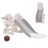 Yosamy Rutsche für Kinder, Faltbar Kinderrutsche Klein mit Basketballkorb, Baby Rutsche Garten, Rutschenlänge 105 cm, Grau