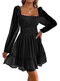 Imily Bela Damen Kleider Square Neck Partykleid Mesh Minikleid High Waist Falten Langarmkleid Hochzeitsgast mit Rüschen(Schwarz, M)