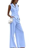 shownicer Hosenanzug Damen Zweiteiliger Anzug Set Revers Büro Elegant V-Ausschnitt Ärmellos Blazer Weste und Hose 2 Stück Casual Outfit Sets Festlich Streetwear A Blau M
