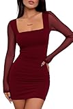 ELFIN Damen Bodycon Kleid Mesh Langarm Minikleid Sexy Quadratischer Hals Rüschen Partykleid Bleistiftkleid Mini Tube Cocktail Party Club Kleid (S, Weinrot)