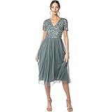Maya Deluxe Damen Midi-Kleid mit V-Ausschnitt, Verziert Brautjungfernkleid, Grün (Misty Green), 38 EU