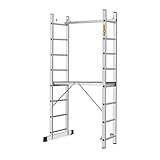 DRABEST - Leitergerüst - 3in1 Mehrzweckleiter - Trittleiter, Schiebeleiter, Baugerüst - Aluminium - 2,14 m lang - Arbeitshöhe 2,97 m - 2 x 8 Sprossen - 46x214x14 cm Arbeitsplattform - bis 150 kg
