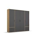 Rauch Möbel Voyager Schrank Kleiderschrank Drehtürenschrank, Grau metallic/Eiche Artisan, Holz, Schwarz, 4-türig mit 4 Schubladen, inkl. 1 Kleiderstange, 5 Einlegeböden BxHxT 187x194x53 cm