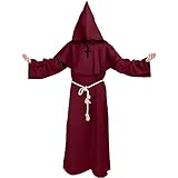 Kitimi Mönch Kostüm Herren Mit Kapuze und Kreuz, Mönchskutte, Nonnen Priester Robe, Mittelalter Pfarrer Verkleidung für Karneval und Halloween