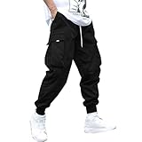 ZAFUL Regular Fit Tunnelzug Cargo Hose Herren Lässig Y2K Lang Techwear Jogginghose mit Klappentaschen (2-Schwarz,XL)